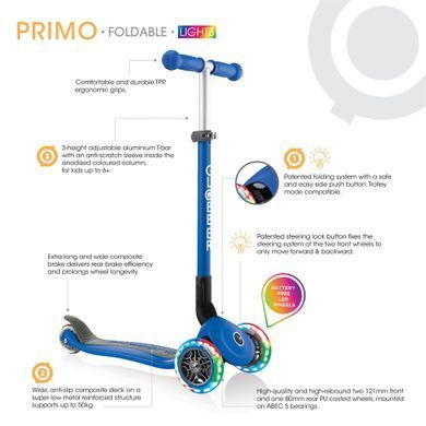 Дитячий самокат Globber Primo Foldable Lights Navy Blue
